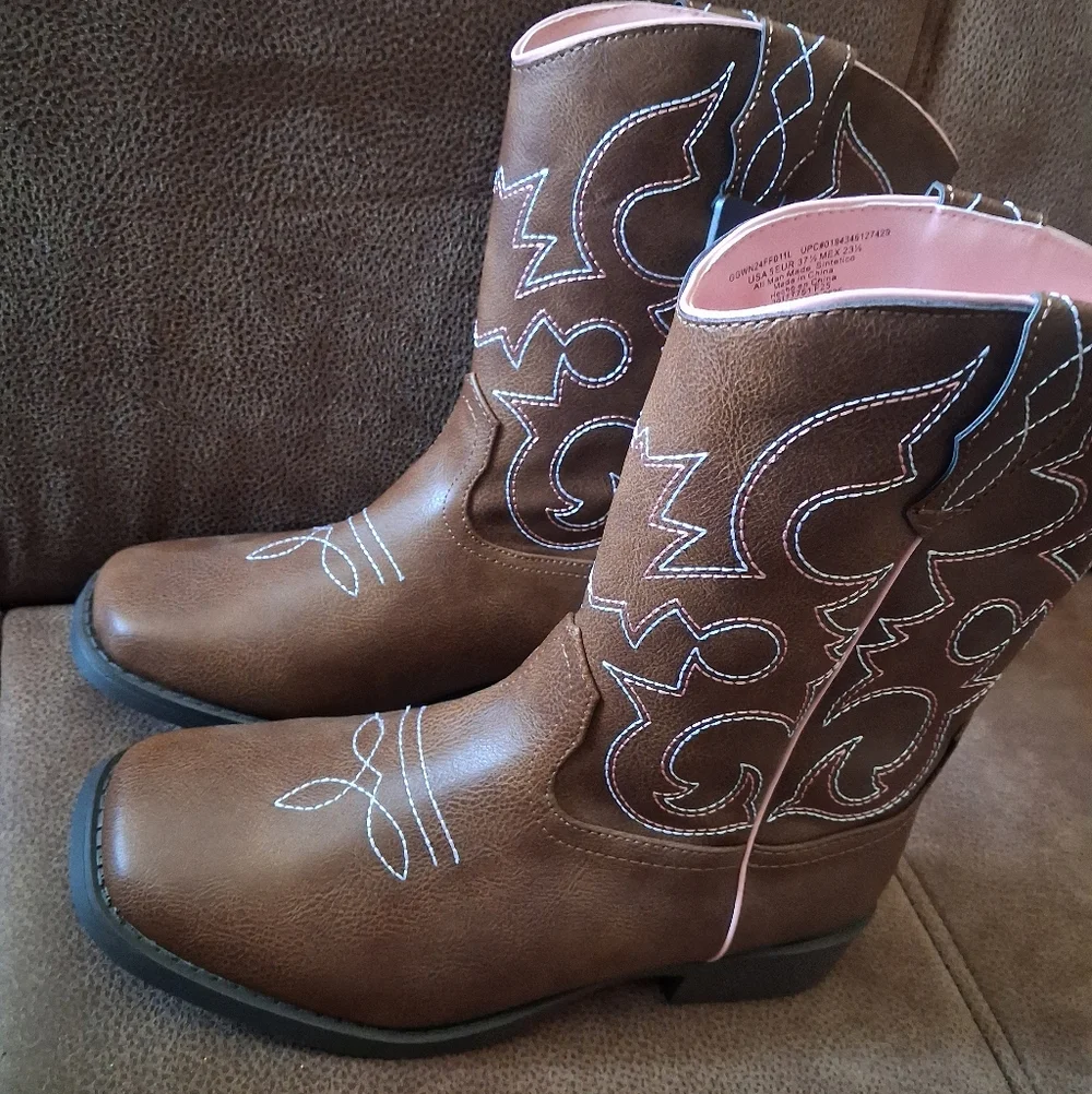 Wonder Nation Brown Western Cowgirl Boots with Pink Trim Girls' Size 5